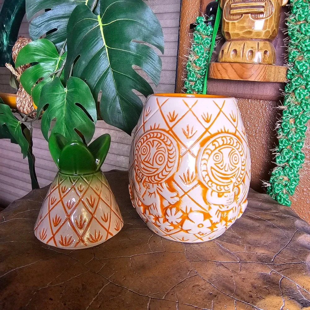 2015 Tiki Farm Poko Ono Lidded Pineapple Tiki Mug 16oz Ken Ruzic Orange Glaze